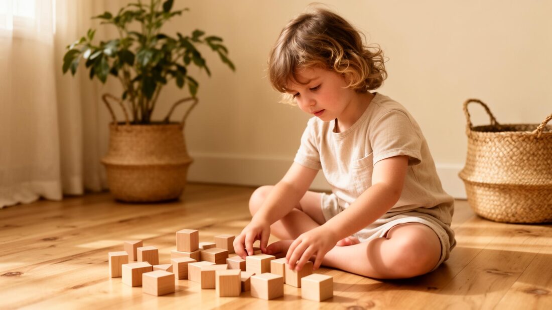 A child engaged in Montessori block play at a wooden shelf