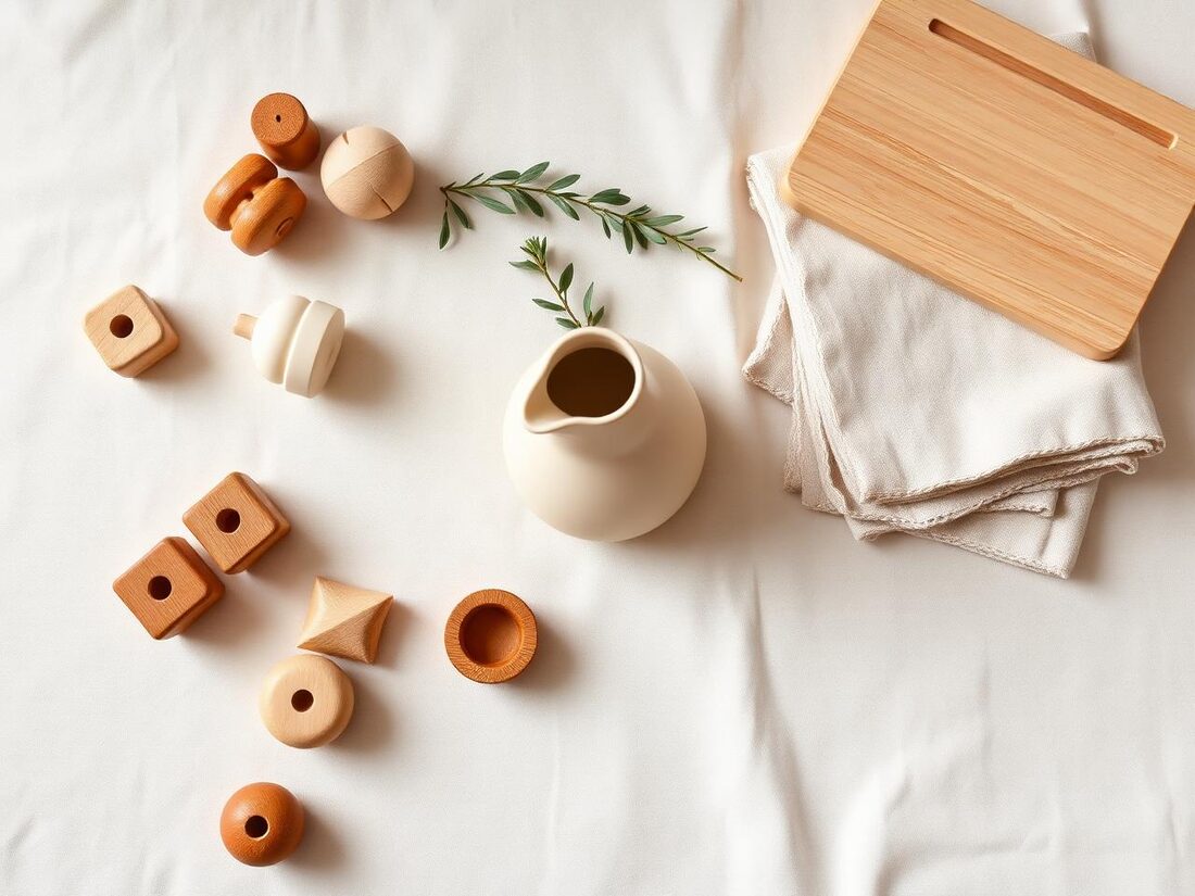 Natural wooden Montessori materials on a sunlit shelf